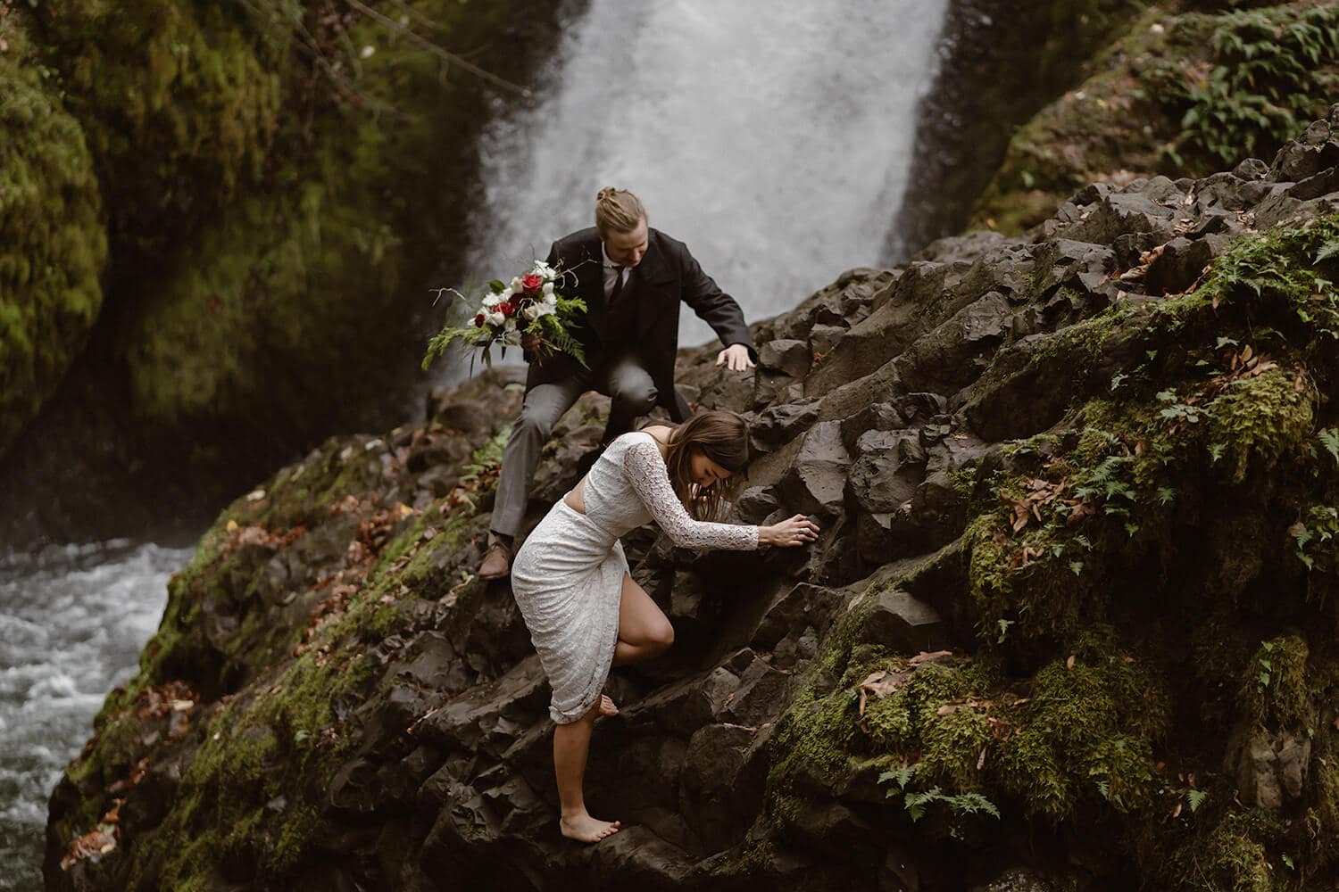 Oregon Bride and Groom Hiking Oregon Adventurous Waterfall elopement