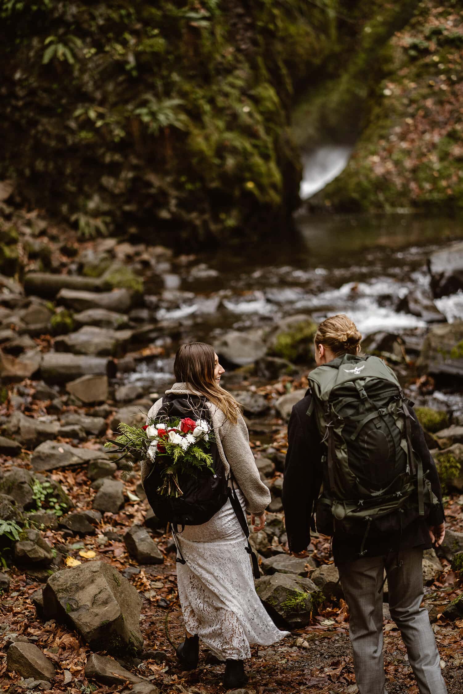 Husband and Wife Backpacking Oregon Adventurous Waterfall elopement