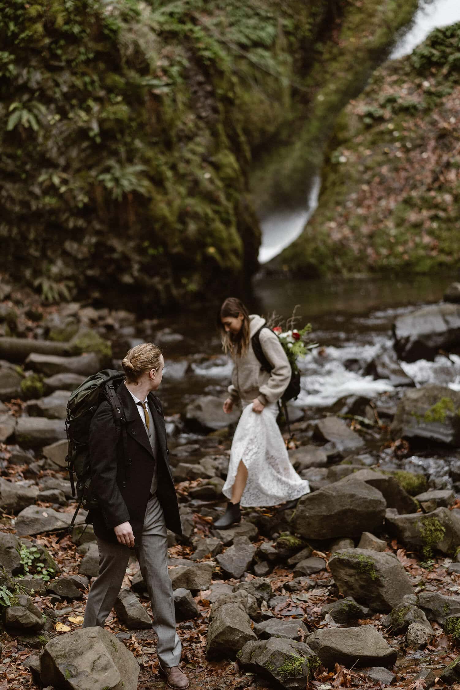 Oregon Bride and Groom Hiking Oregon Adventurous Waterfall elopement