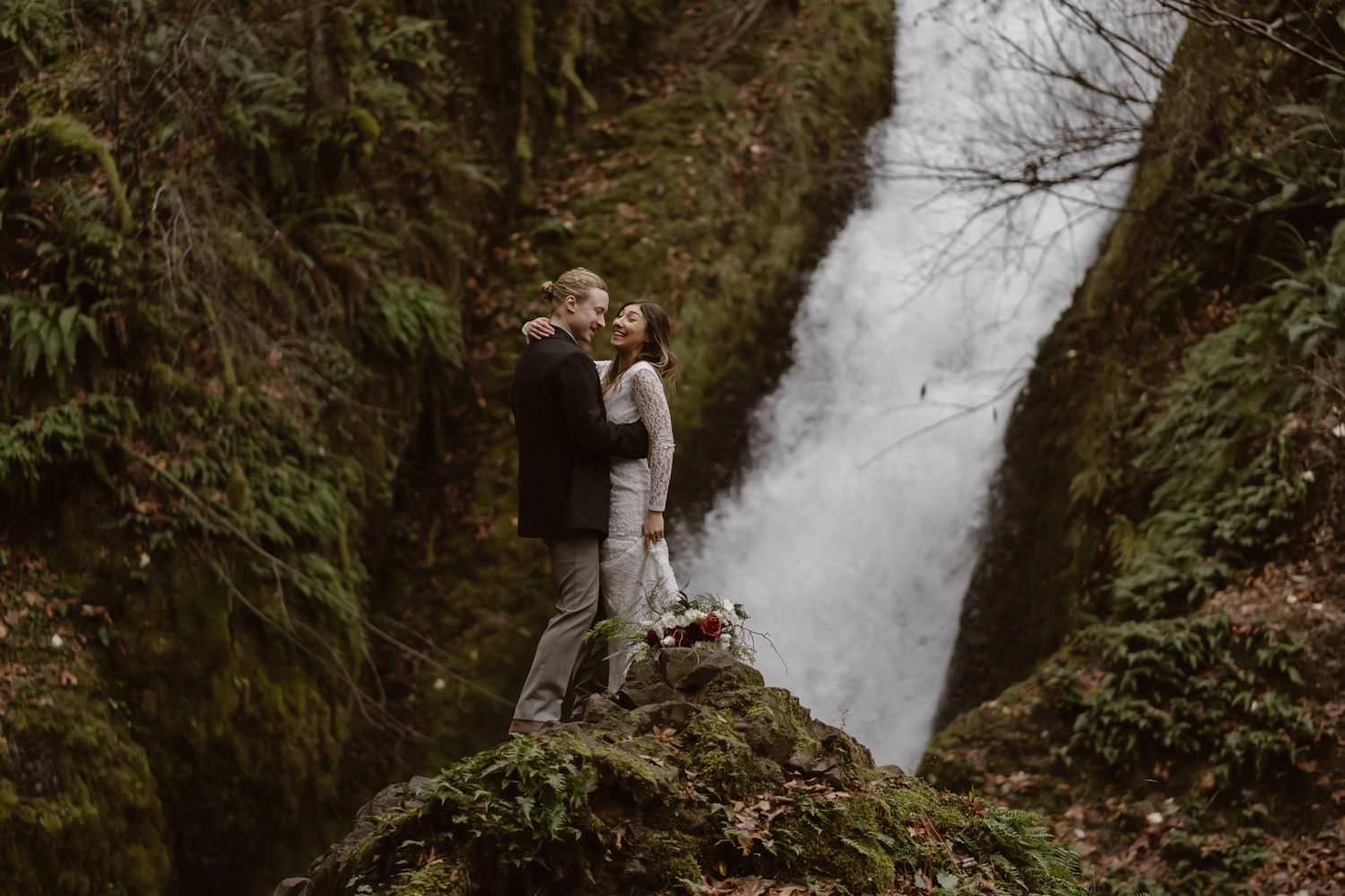 Bride and groom Laughing Waterfall Elopement Oregon