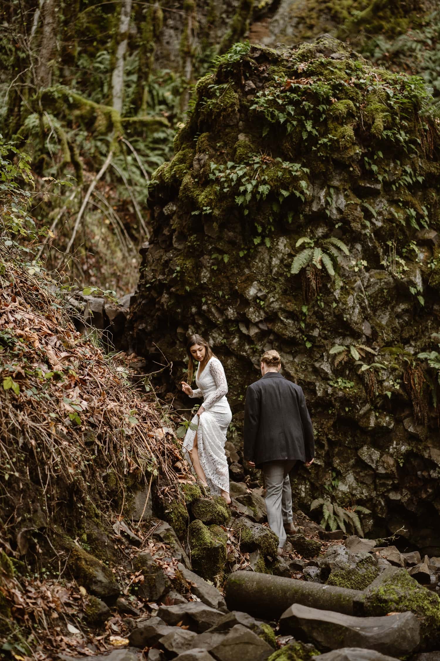 Bride and Groom Hiking Oregon Adventurous Waterfall elopement