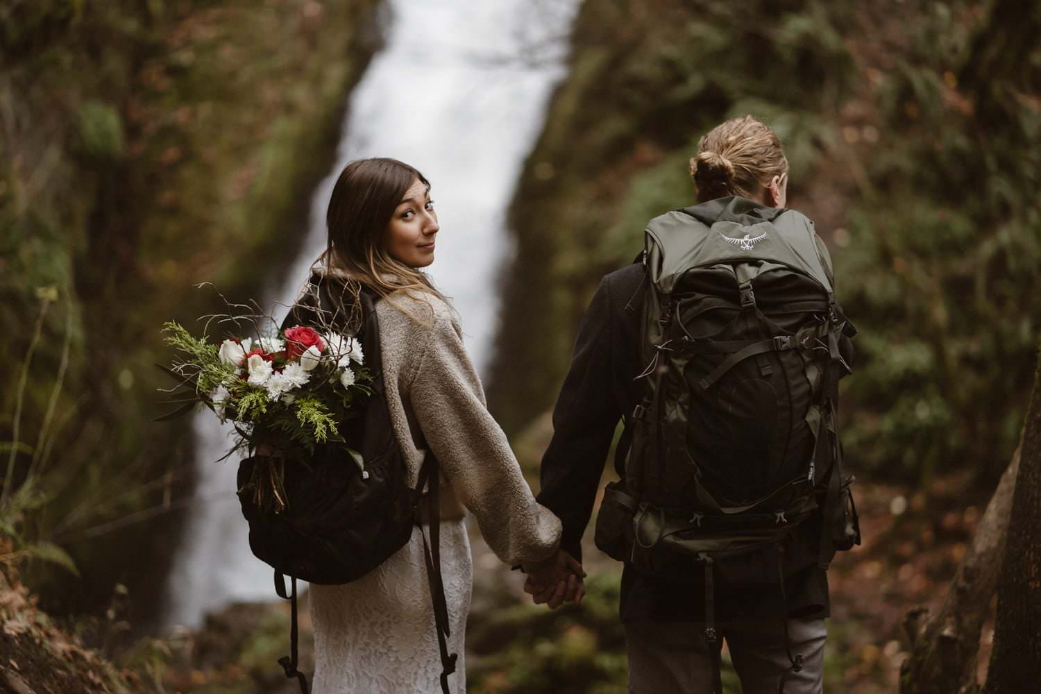 Husband and Wife Backpacking Oregon Adventurous Waterfall elopement