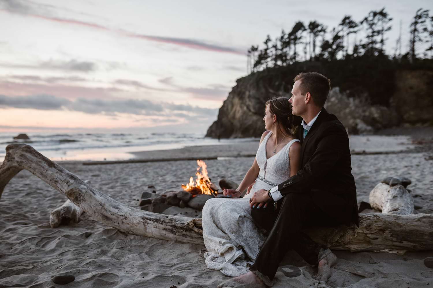 Bride and Groom at Bon Fire at Hug Point & Cannon Beach Elopement