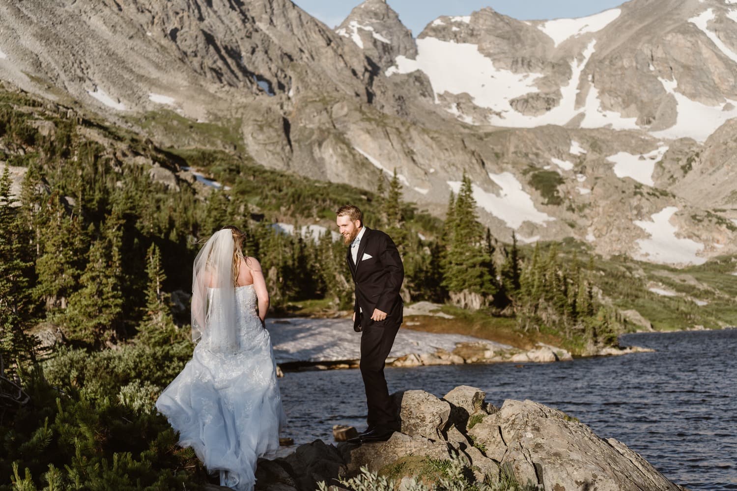 Bride and Groom First Look at Colorado Adventure Elopement