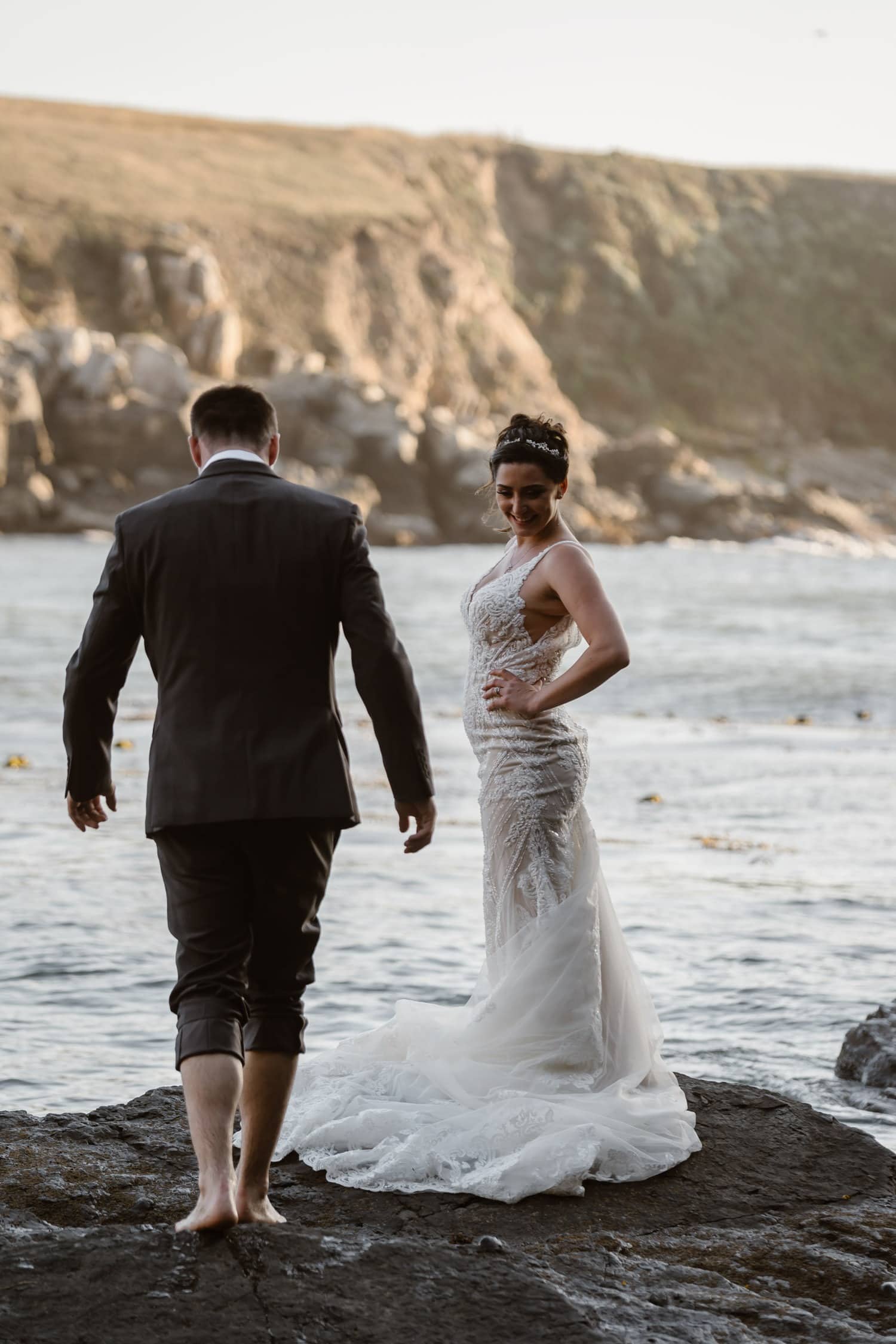 Bride and Groom in the tide pools at Big Sur Elopement