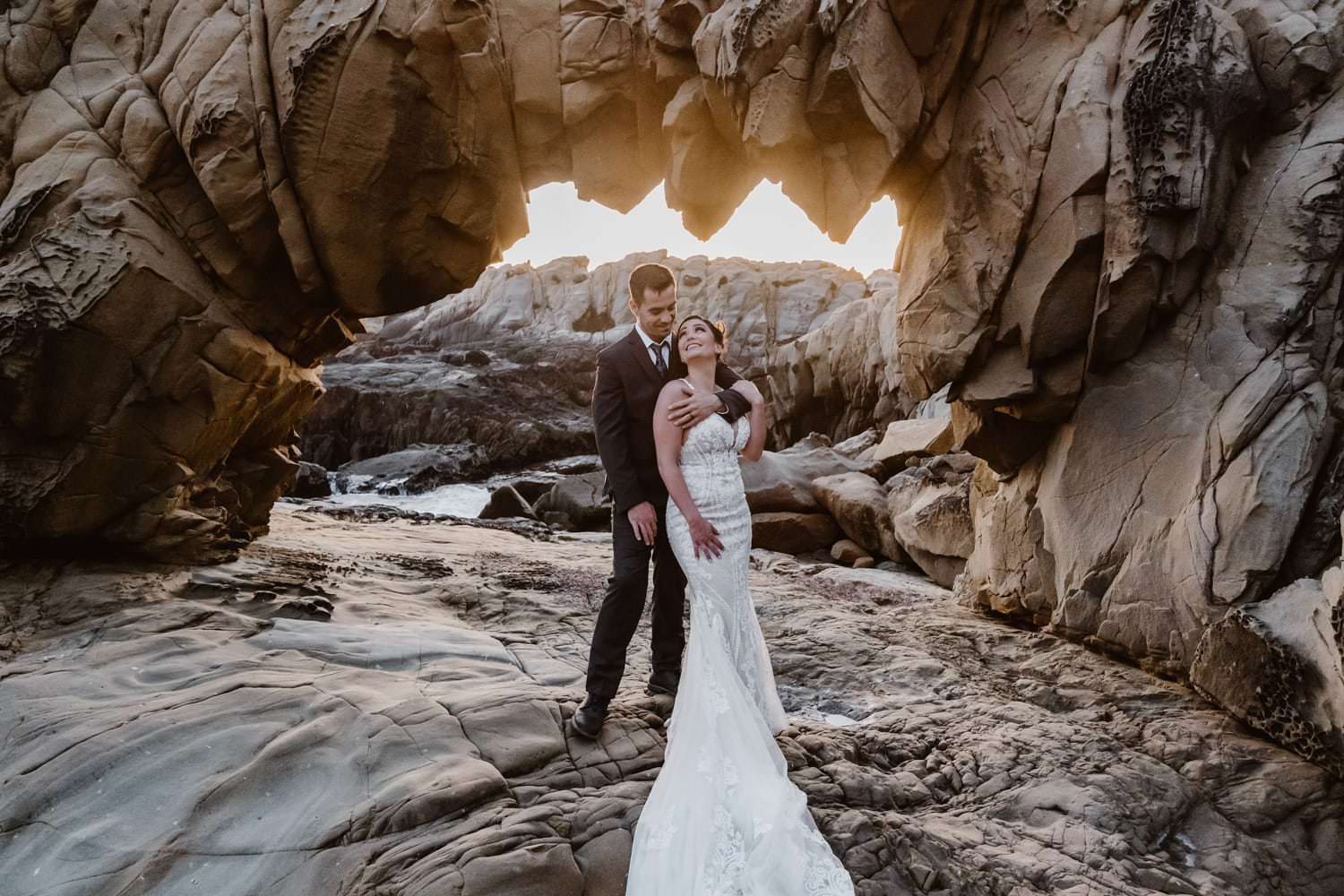 Bride and groom at sunset for Big Sur Elopement