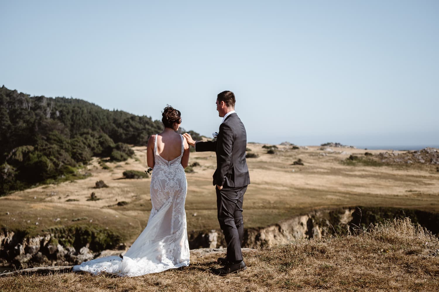 Bride and groom at first look in Big Sur Elopement