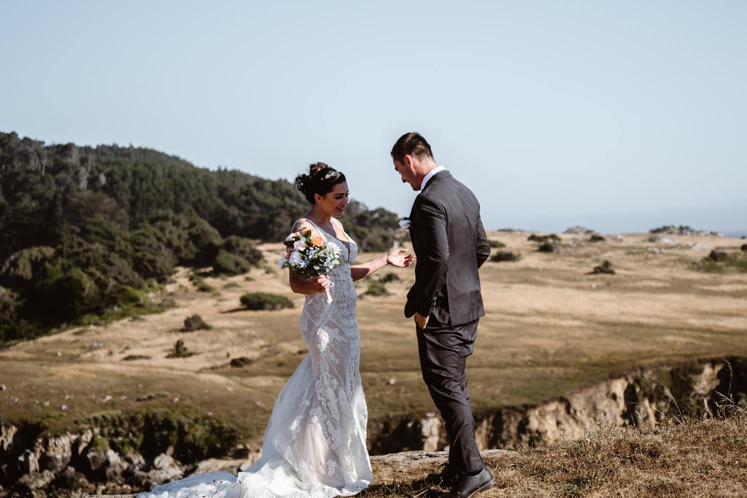 Bride and groom at first look in Big Sur Elopement