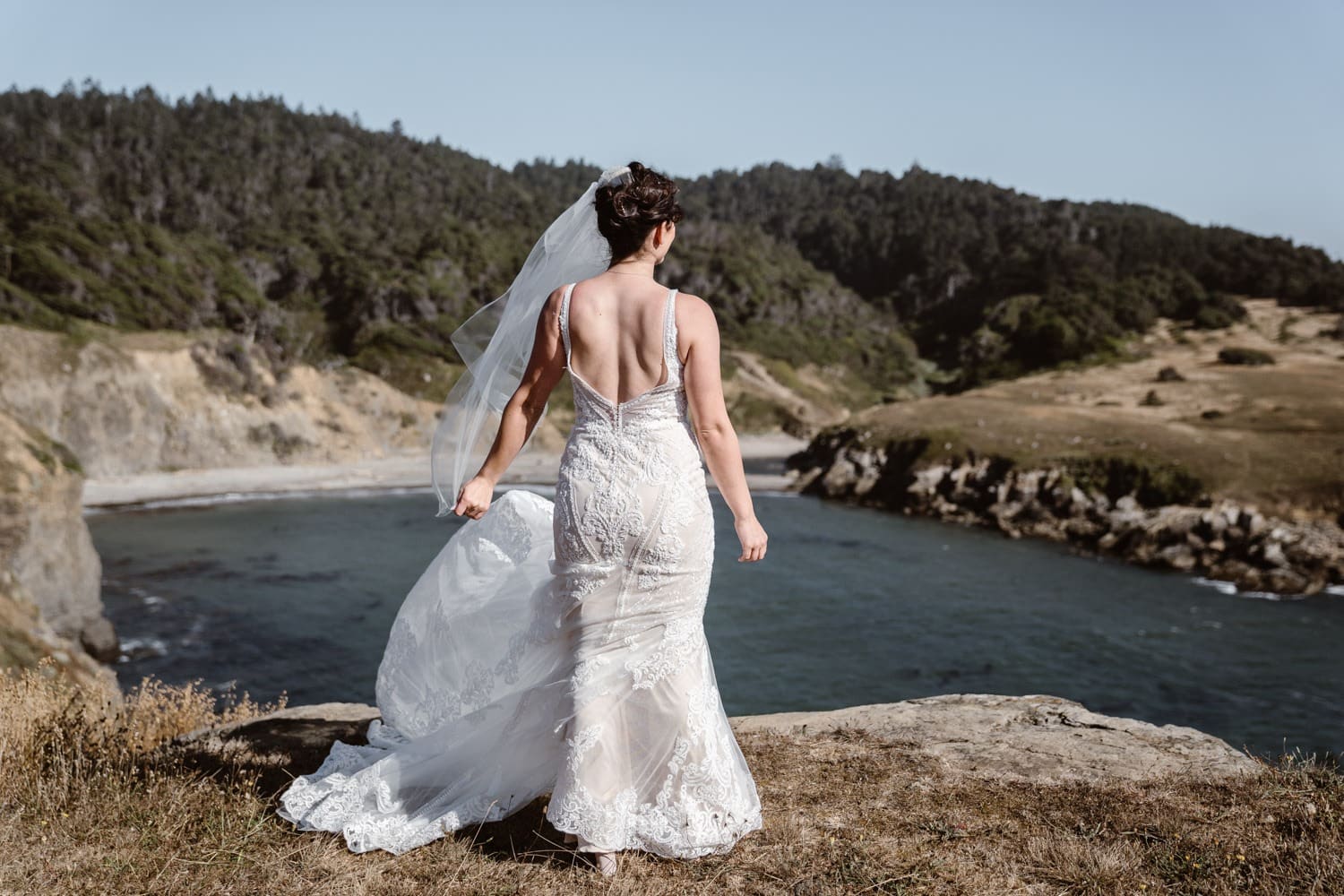 Bride getting ready for first look at Big Sur Elopement