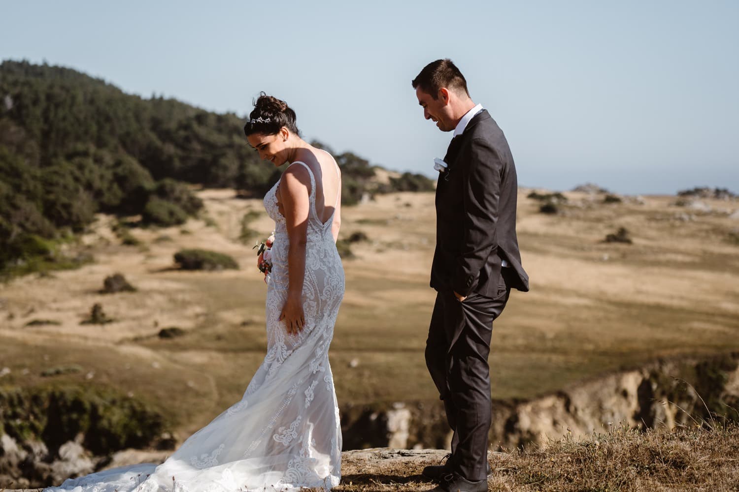 Bride and groom at first look in Big Sur Elopement