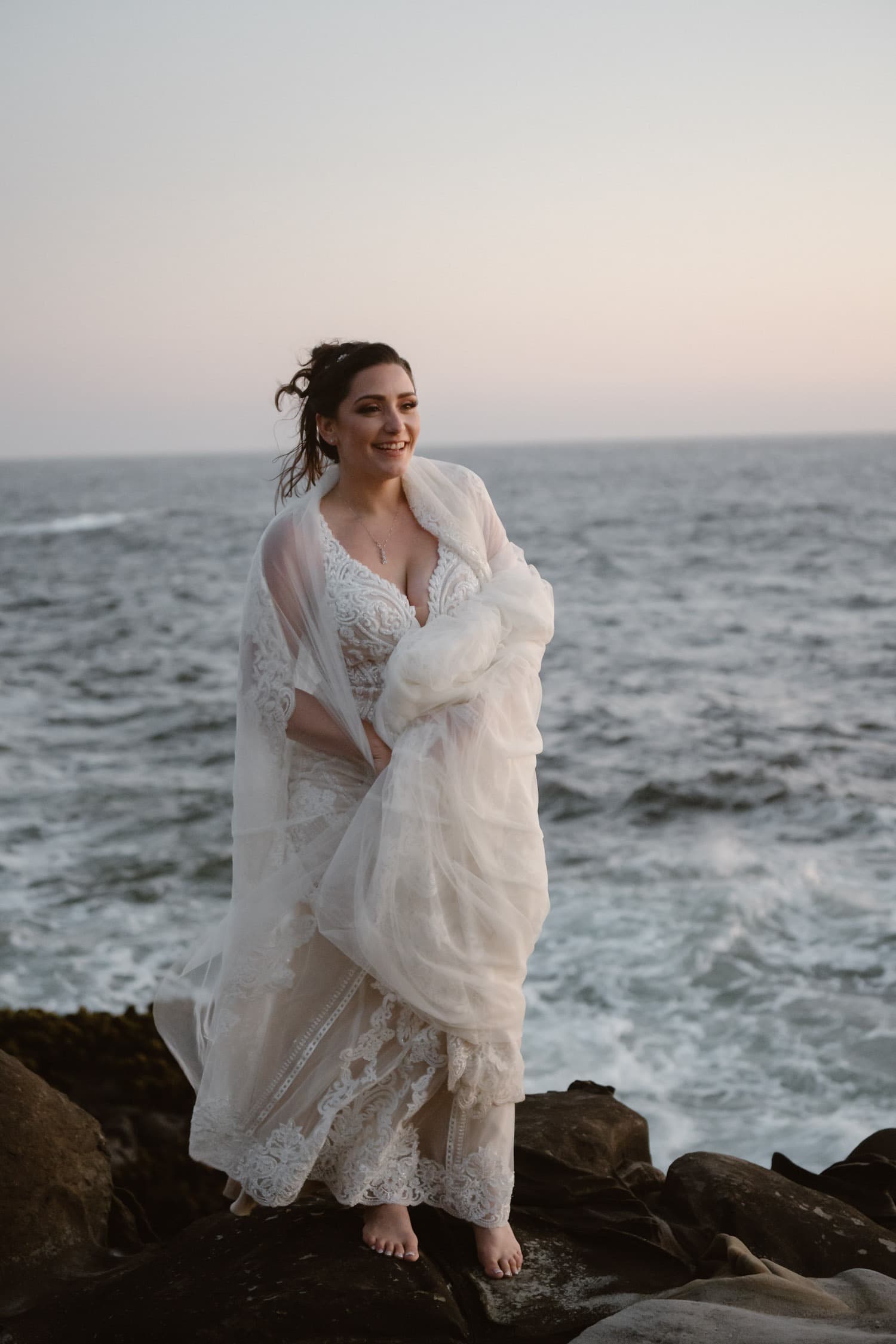 Bride with her dress at Big Sur Elopement