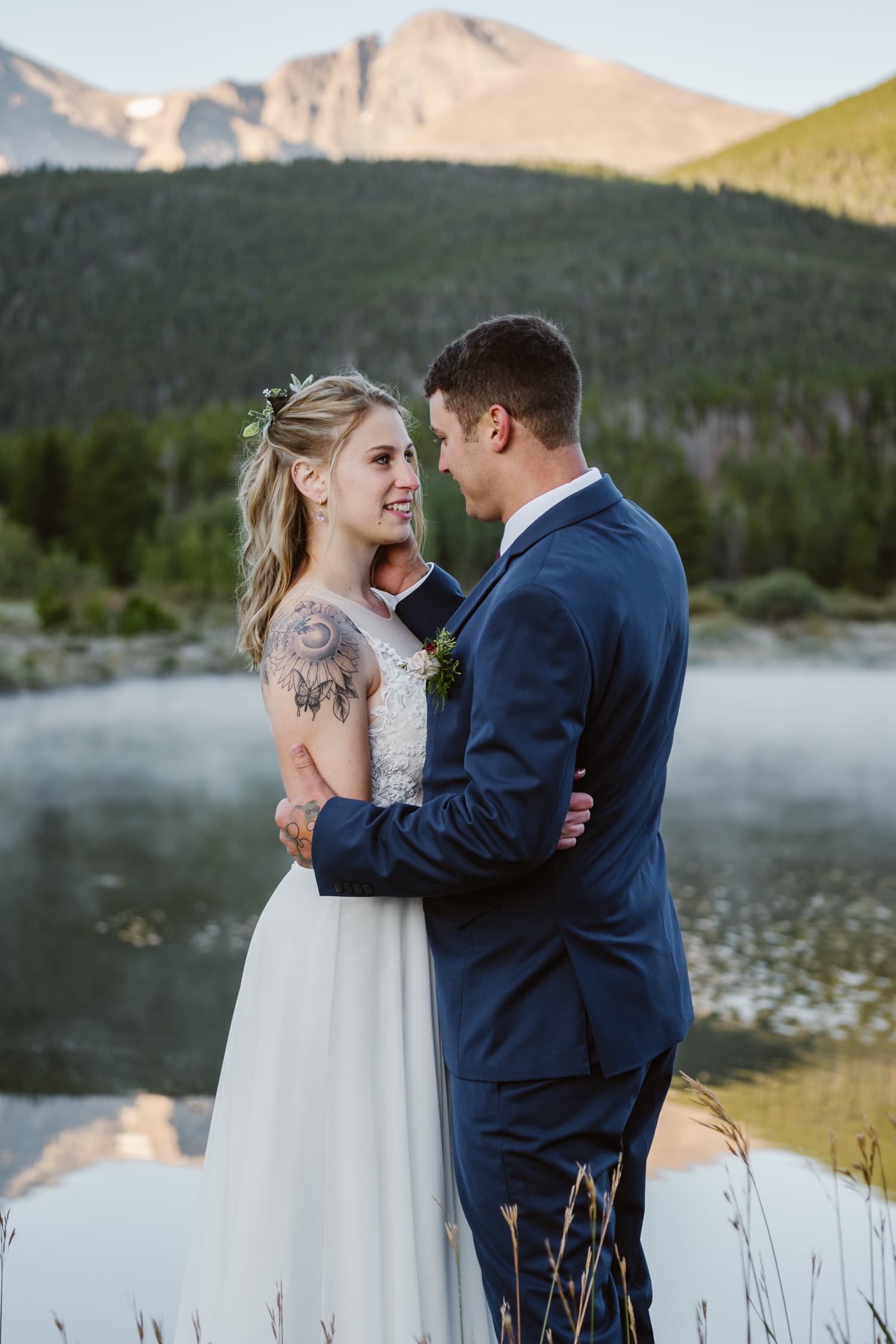 Bride and Groom at Lily Lake Rocky Mountain National Park Elopement