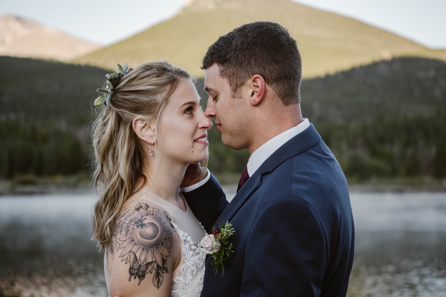 Bride and Groom at Lily Lake Rocky Mountain National Park Elopement