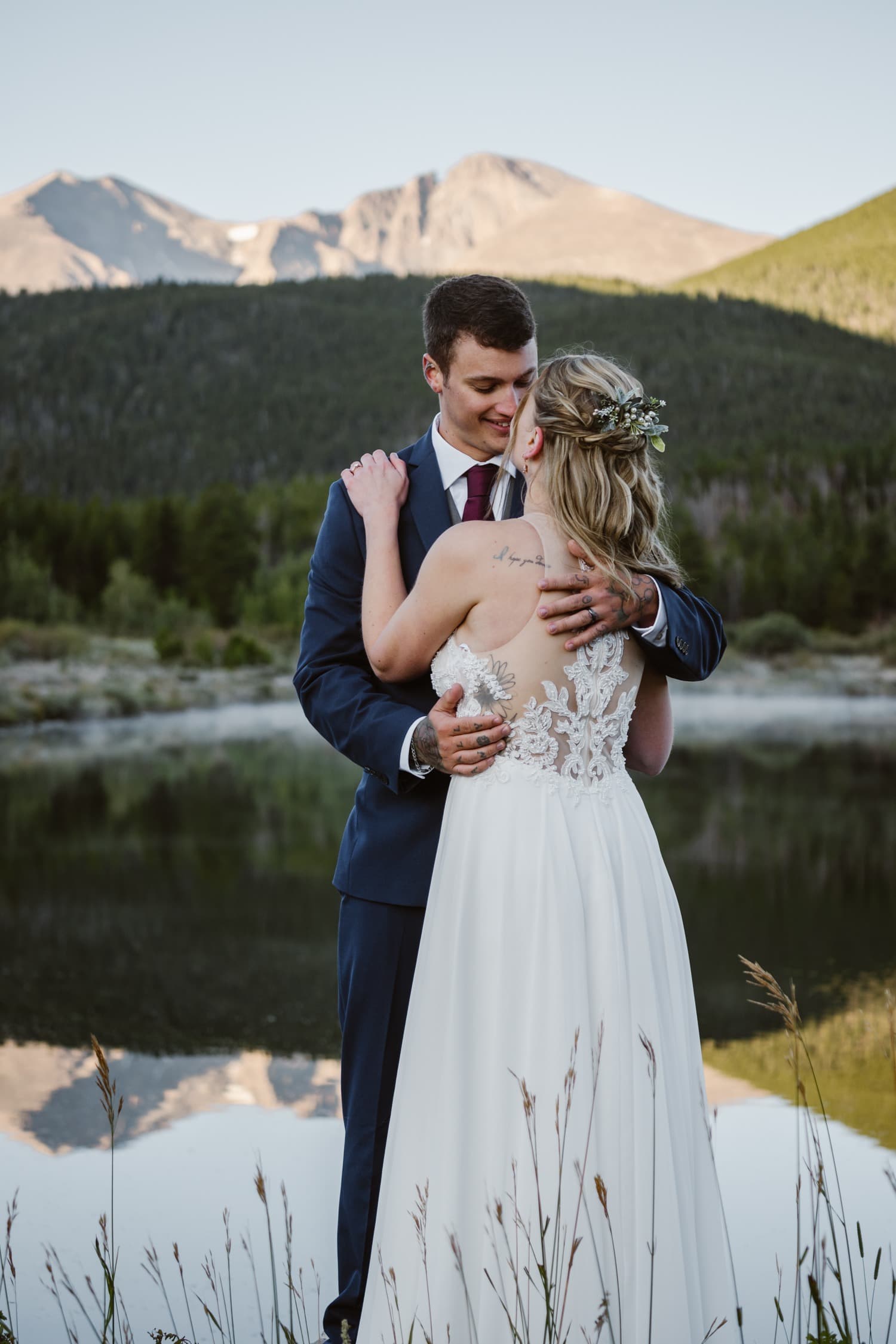 Bride and Groom at Lily Lake Rocky Mountain National Park Elopement