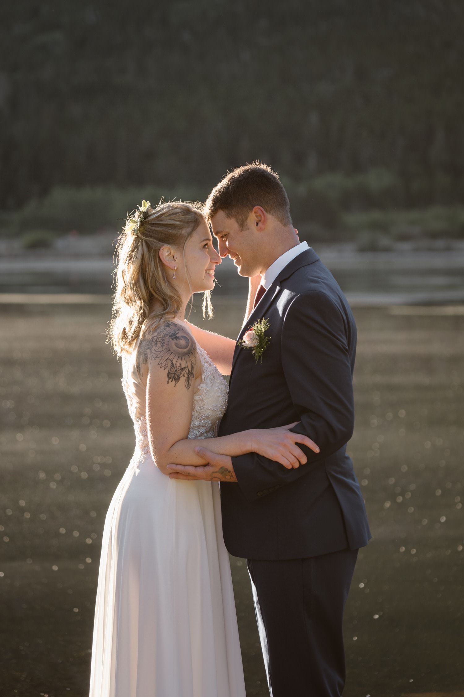 Bride and Groom at Lily Lake Rocky Mountain National Park Elopement