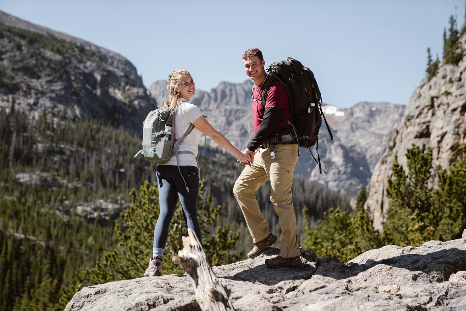 Bride and Groom hiking at Rocky Mountain National Park Hiking Elopement