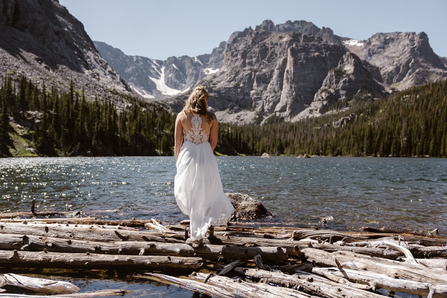 Bride at Loch Lake at Rocky Mountain National Park Hiking Elopement