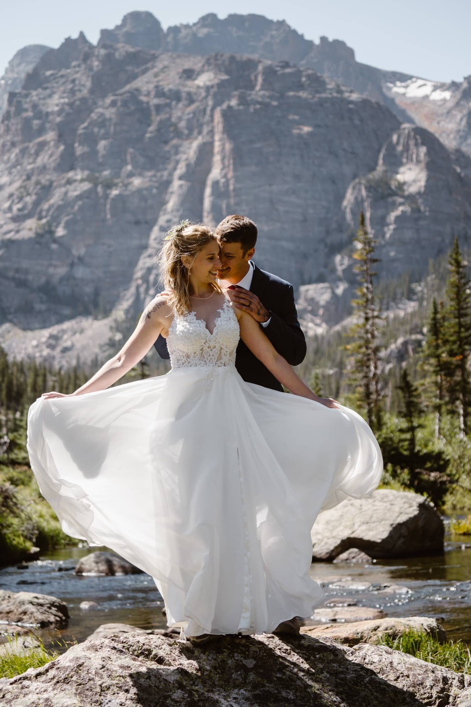 Bride and groom at Loch Lake at Rocky Mountain National Park Hiking Elopement