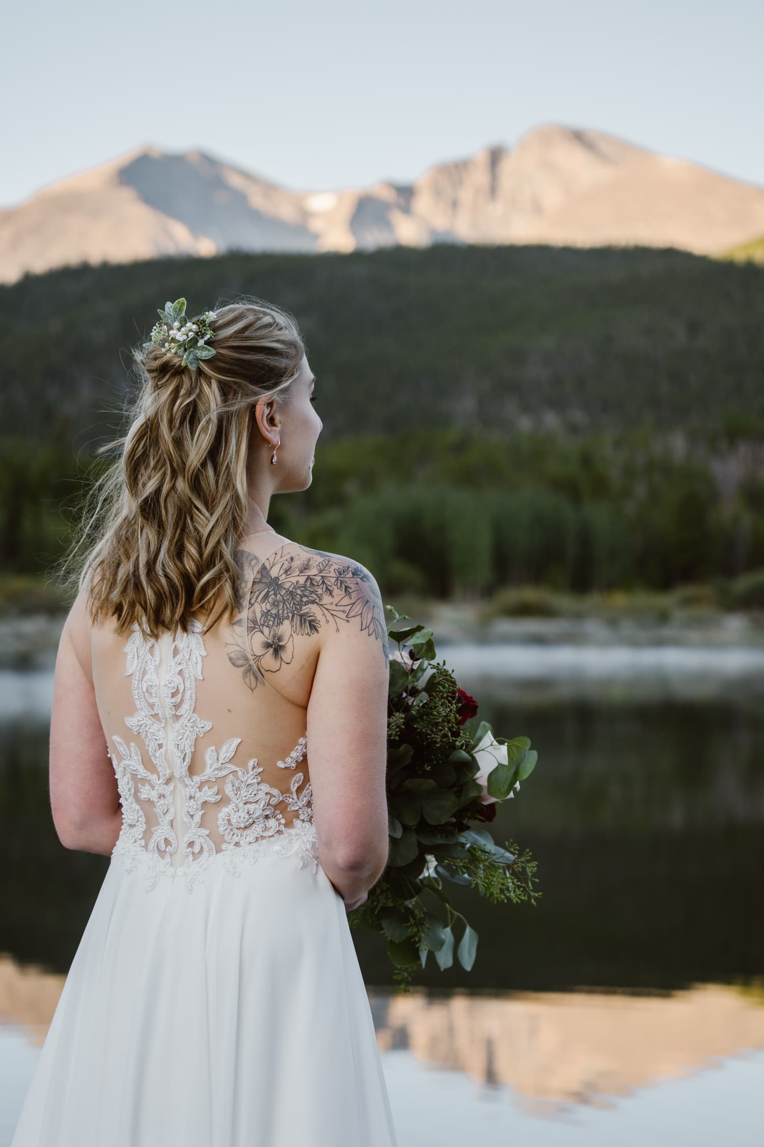 Bride at Lily Lake Rocky Mountain National Park Elopement