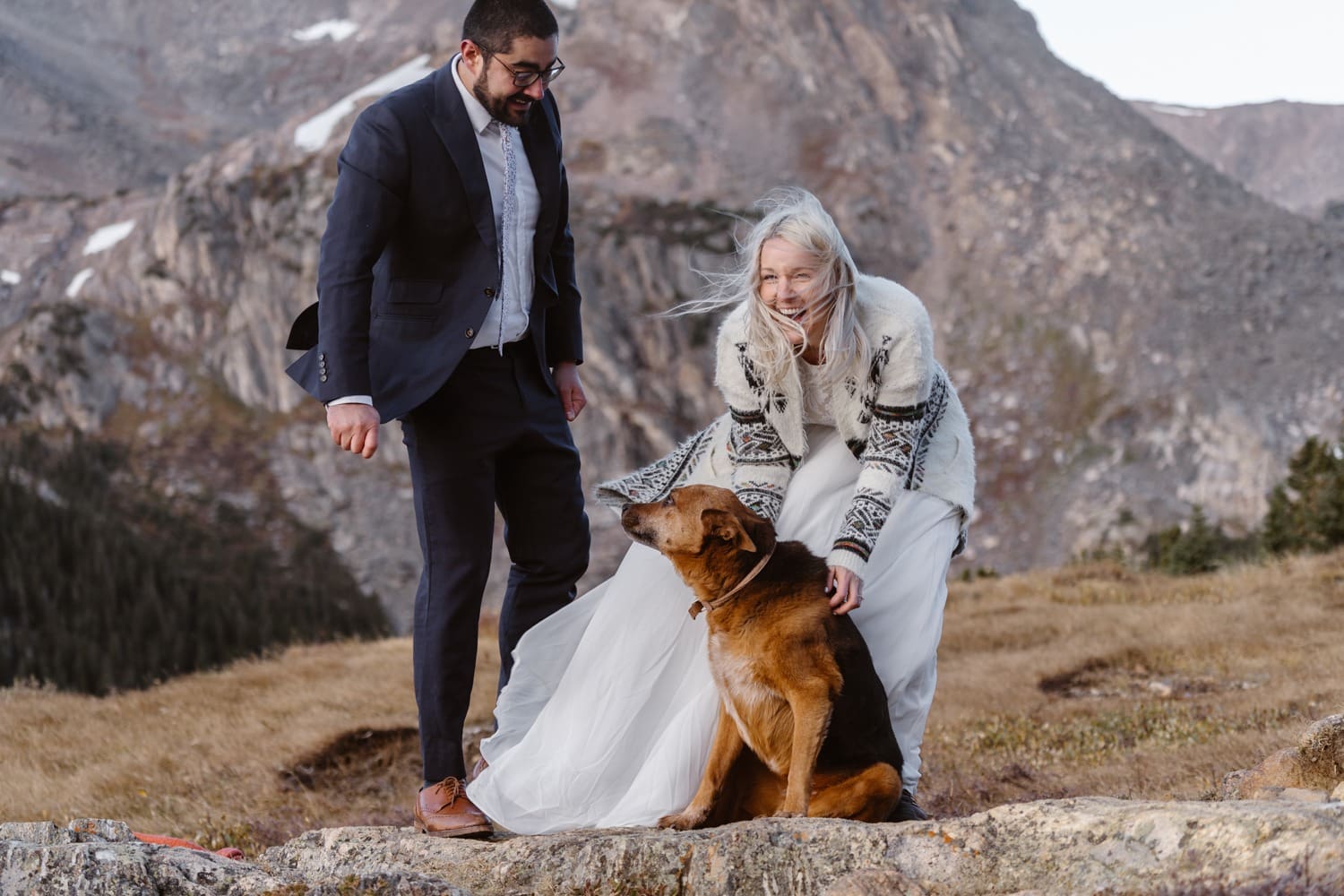 Bride and Groom with Dog at Self Solemnizing Elopement near Boulder, Colorado
