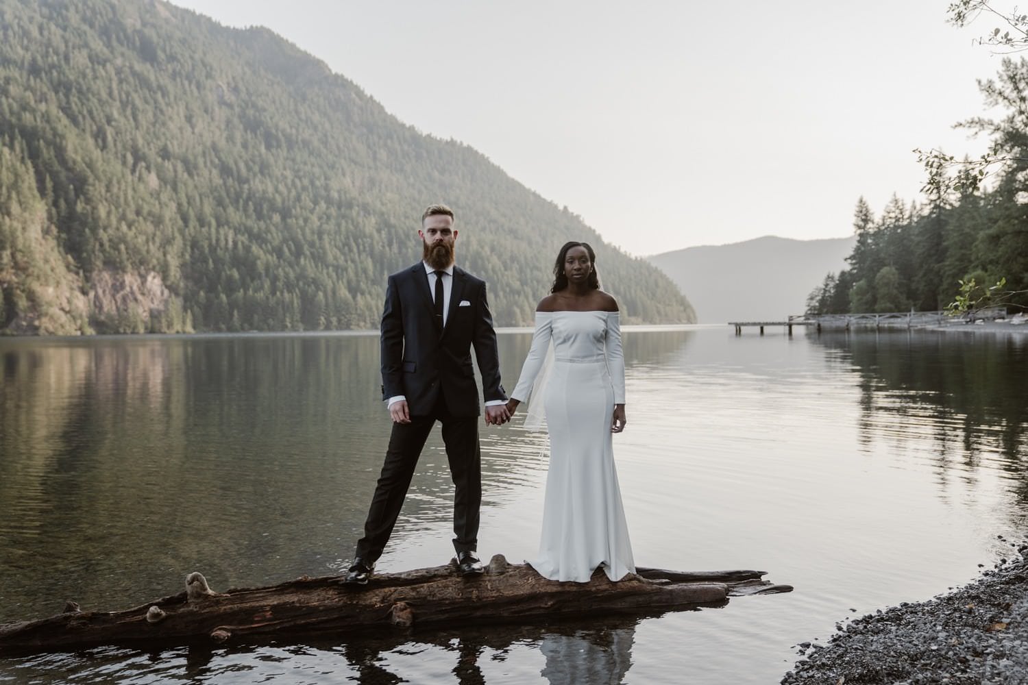 Bride and Groom at Lake Crescent Olympic National Park Elopement