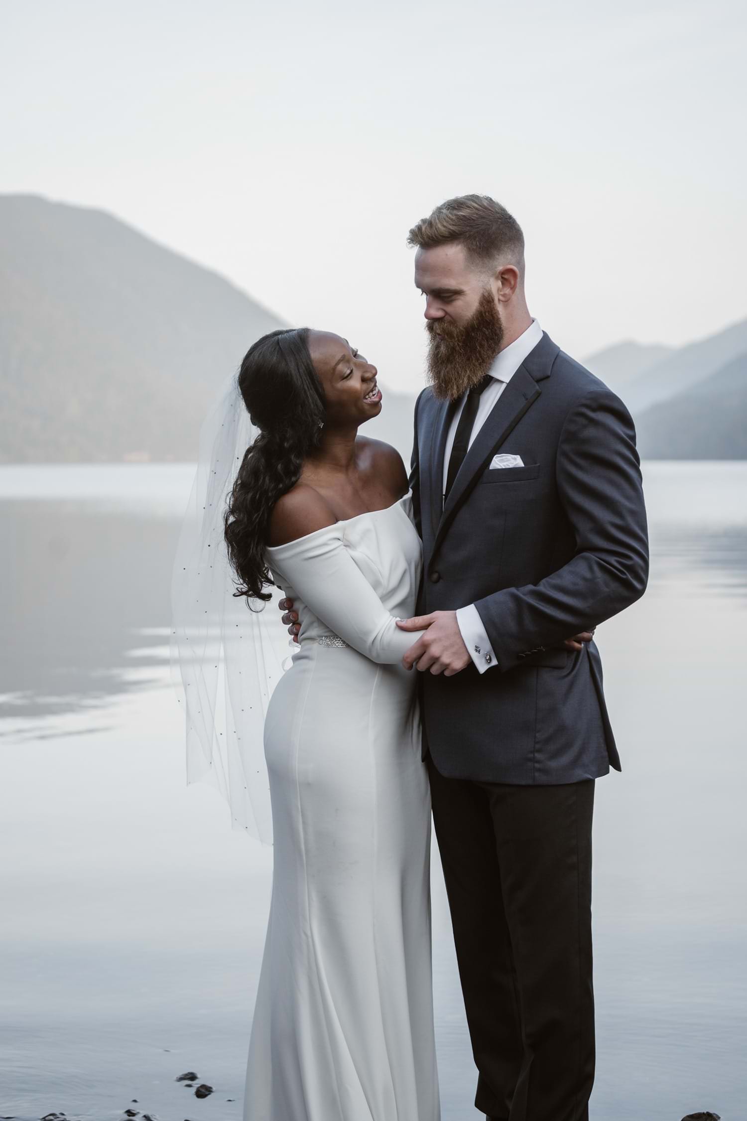 Bride and Groom at Lake Crescent Olympic National Park Elopement