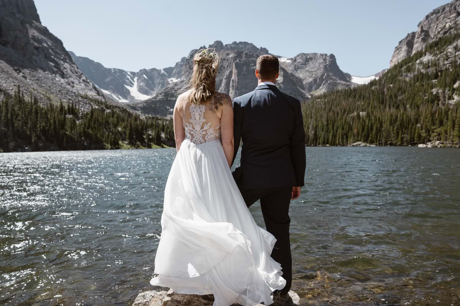 Bride and groom at Loch Lake at Rocky Mountain National Park Hiking Elopement
