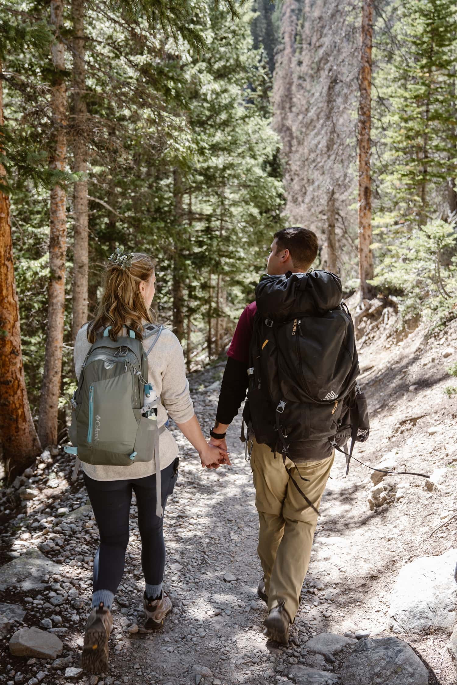 Bride and Groom Hiking at Rocky Mountain National Park Elopement