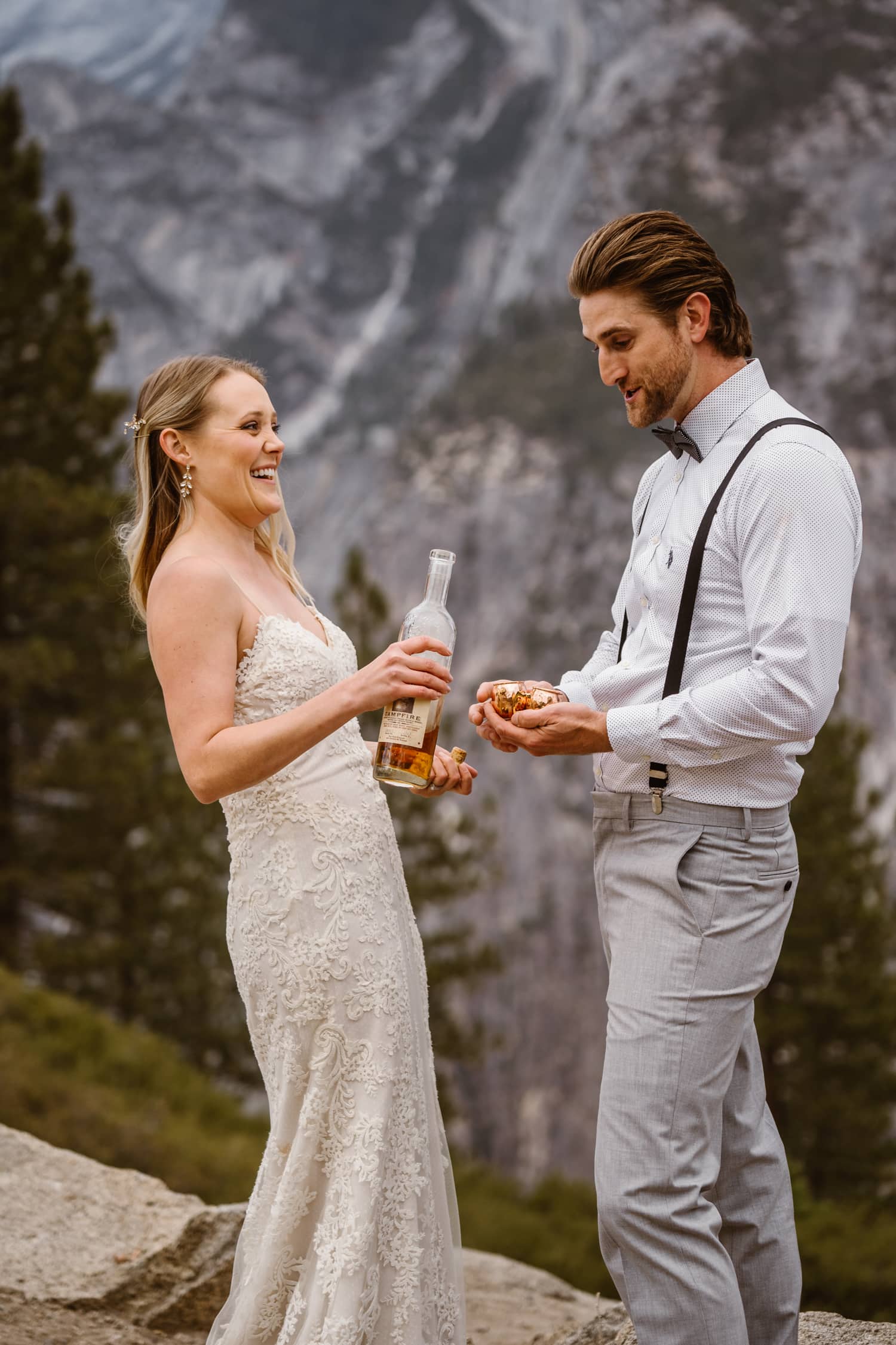 Bride and Groom Drinking Whiskey at Glacier Point Yosemite Elopement