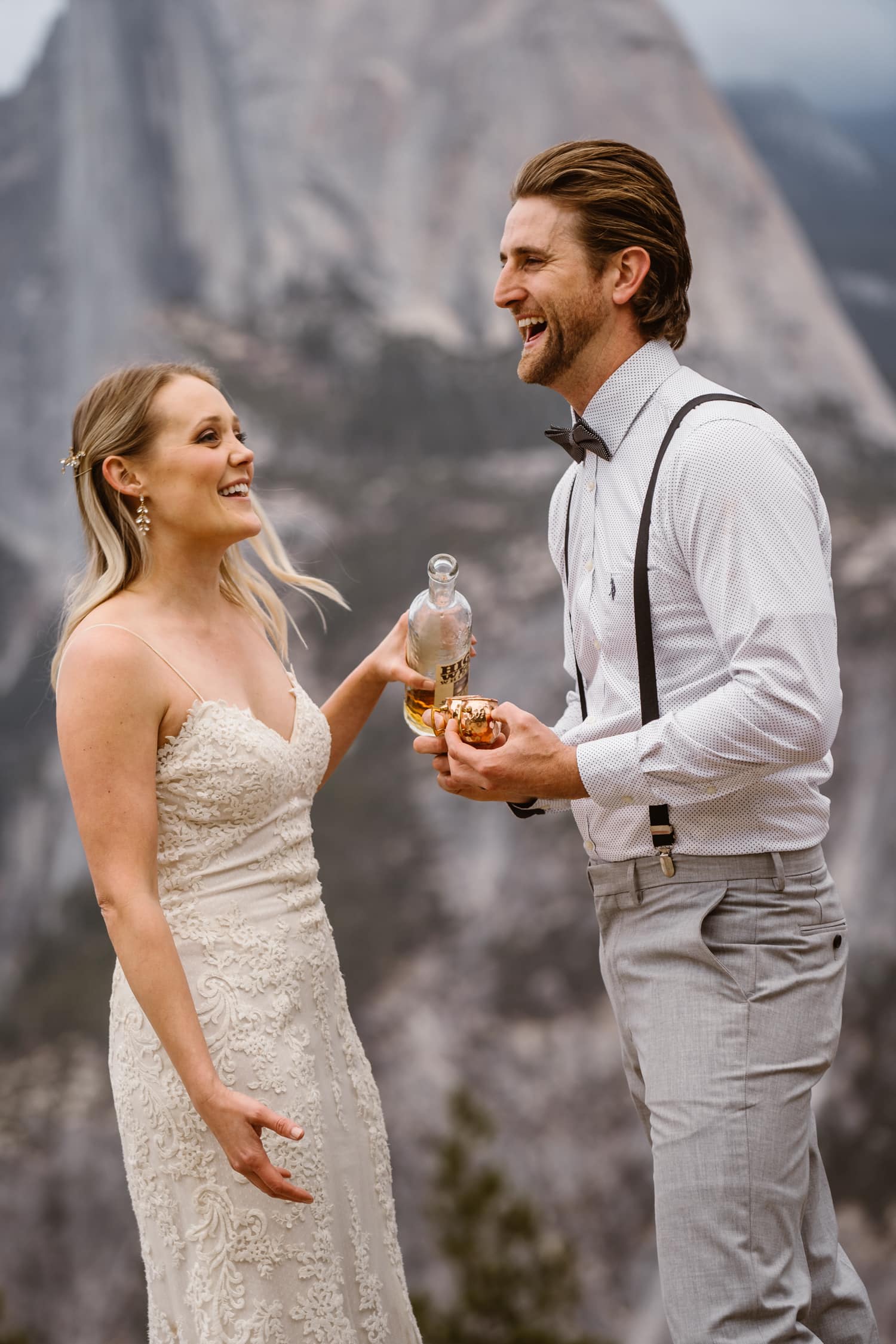 Bride and Groom Drinking Whiskey at Glacier Point Yosemite Elopement