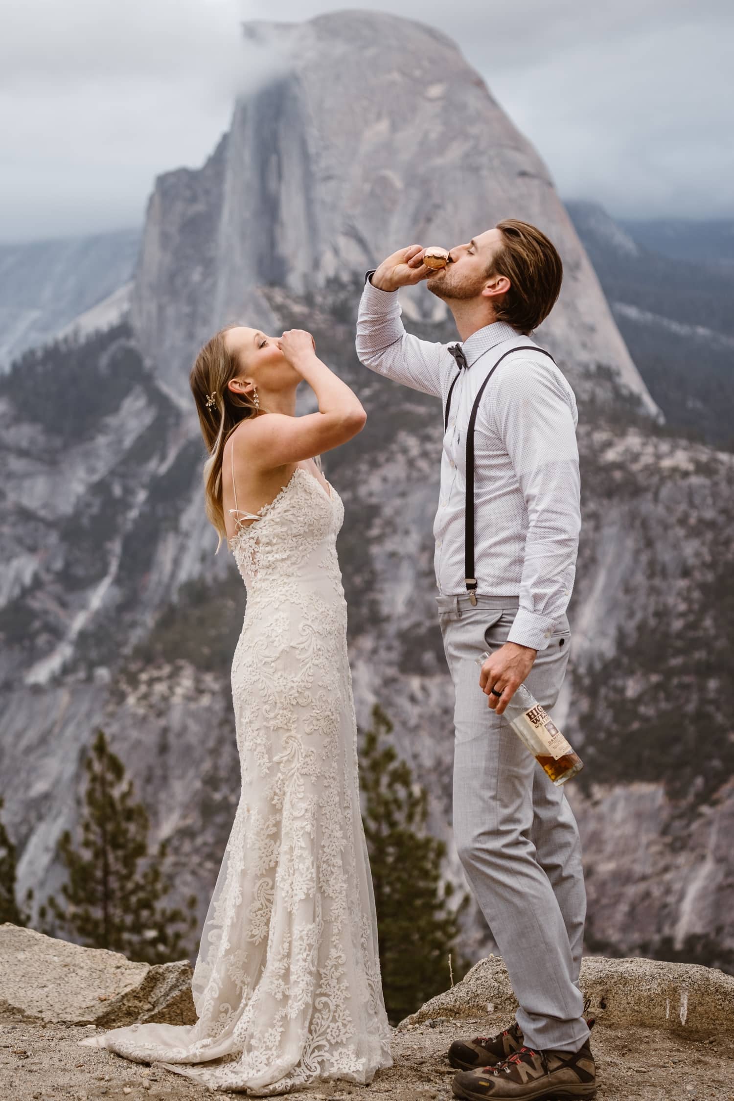 Bride and Groom Drinking Whiskey at Glacier Point Yosemite Elopement