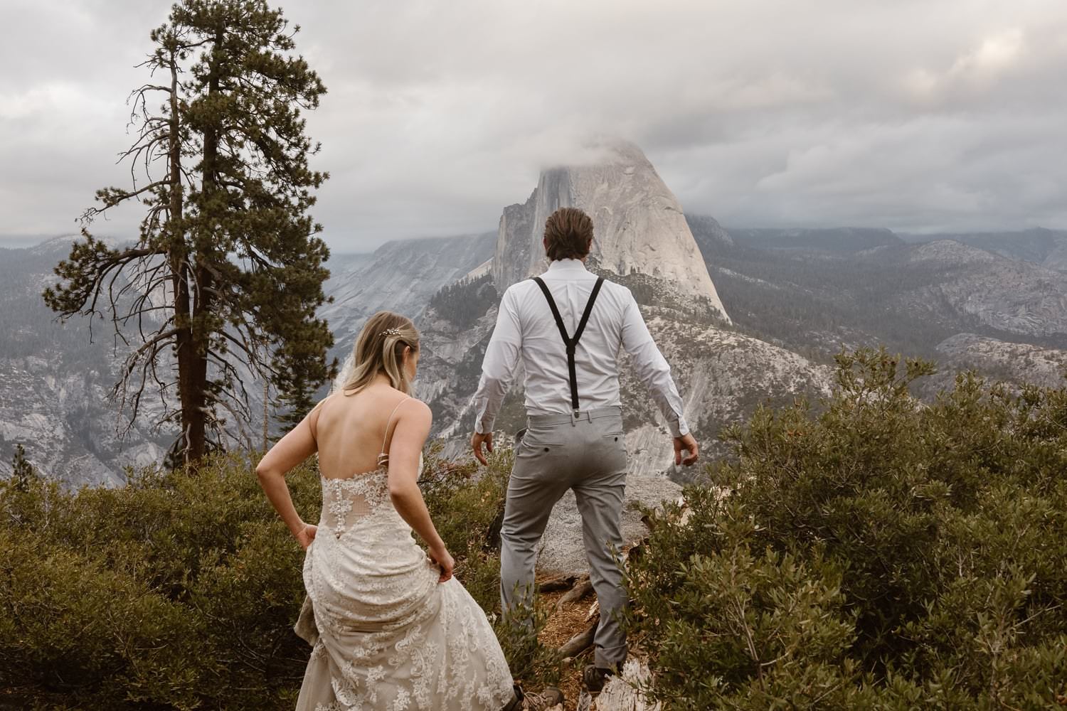 Bride and Groom Hiking at Glacier Point Yosemite Elopement