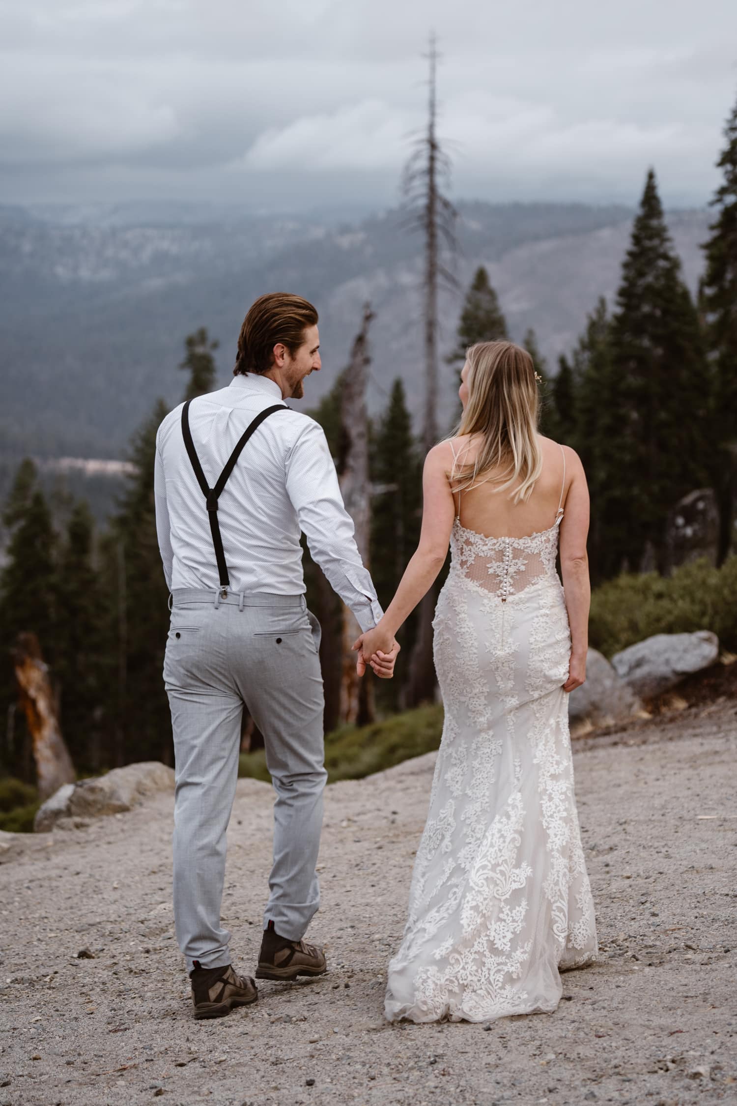 Bride and Groom Hiking at Glacier Point Yosemite Elopement