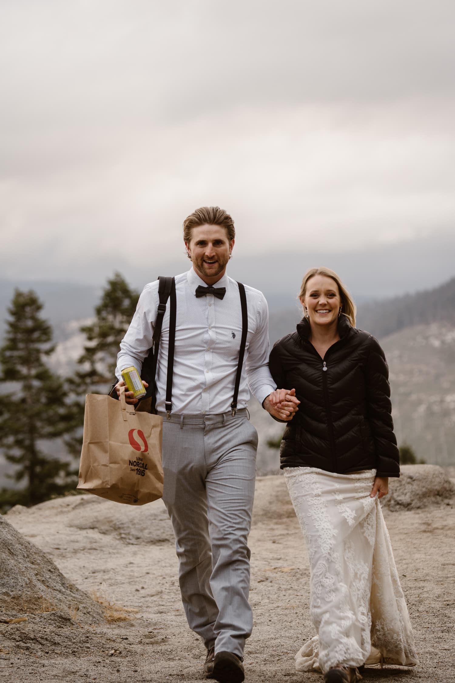 Bride and Groom Hiking at Glacier Point Yosemite Elopement