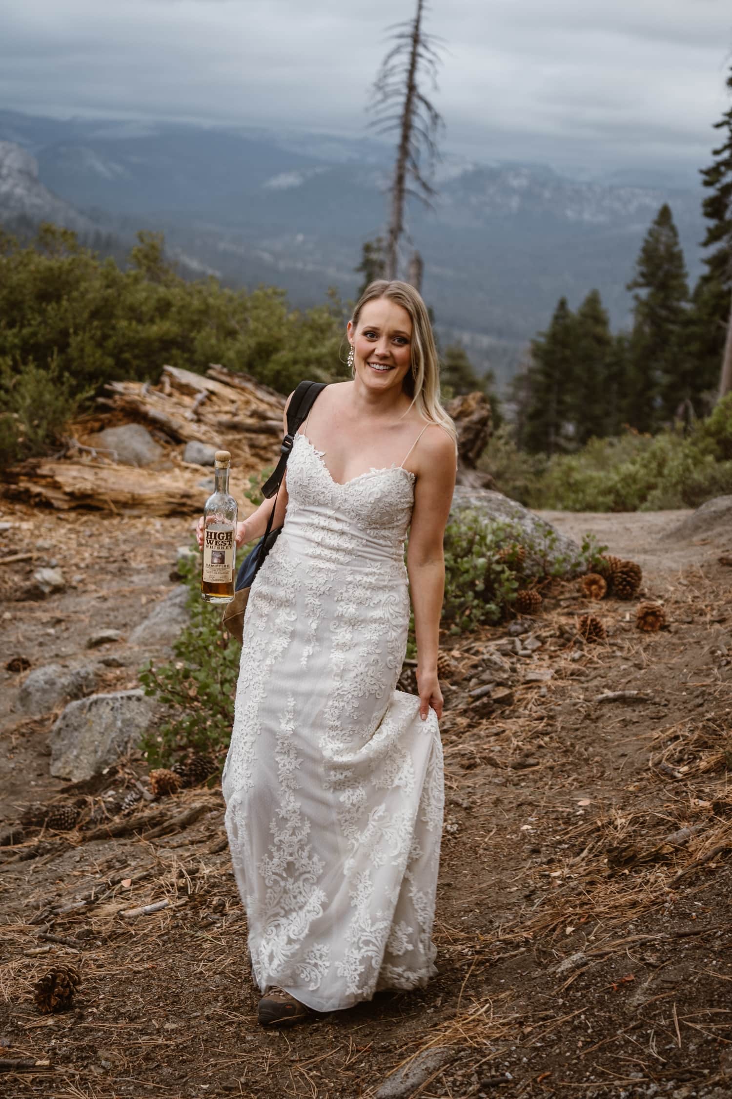 Bride Hiking at Glacier Point Yosemite Elopement