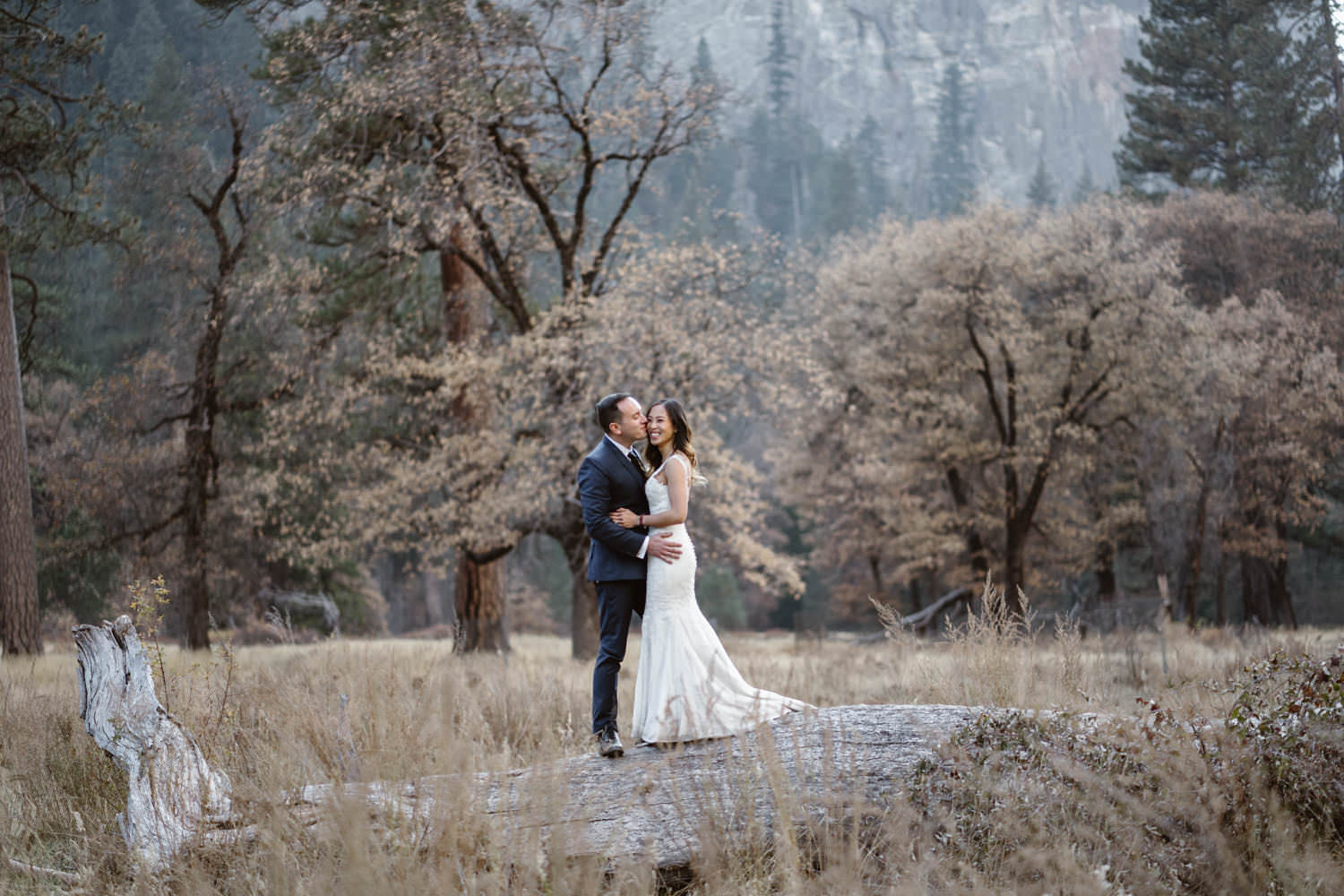 Bride and Groom Kissing Yosemite Valley Elopement