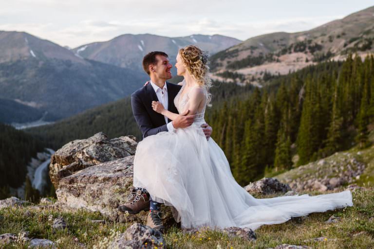 Bride and Groom sharing a moment for their Colorado elopement.