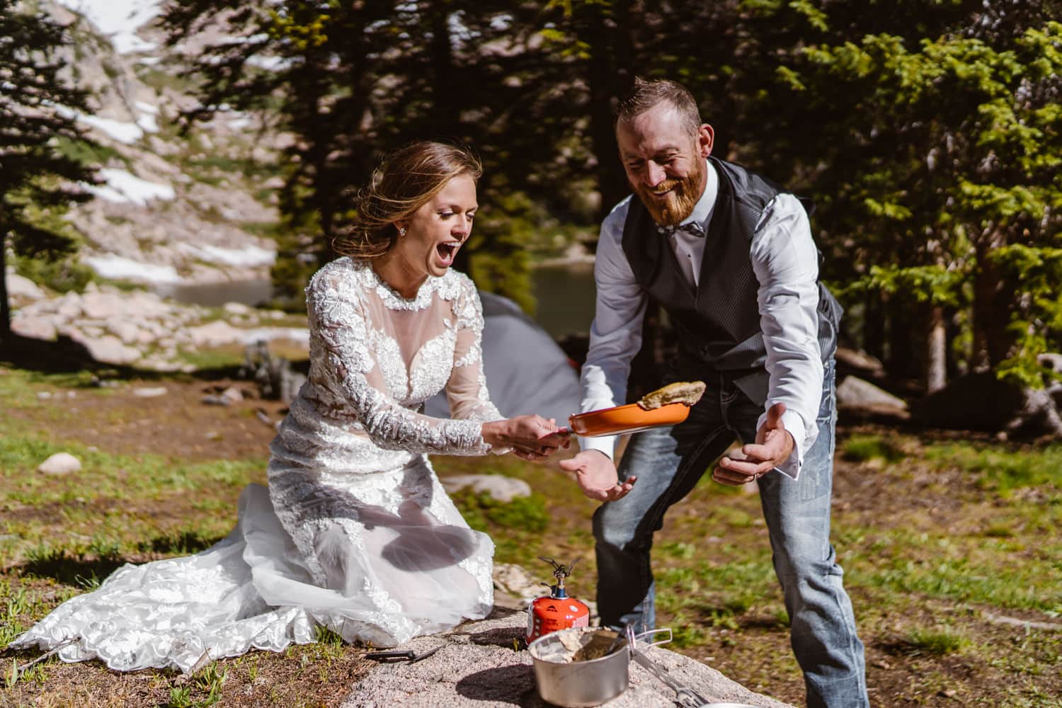 Bride and Groom With Pancakes Backpacking Wedding Elopement