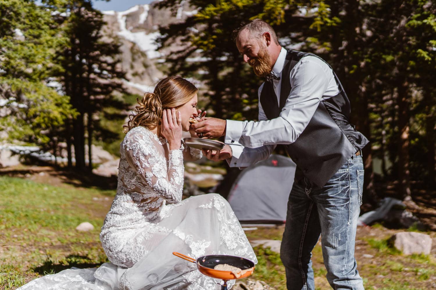 Bride and Groom With Pancakes Backpacking Wedding Elopement