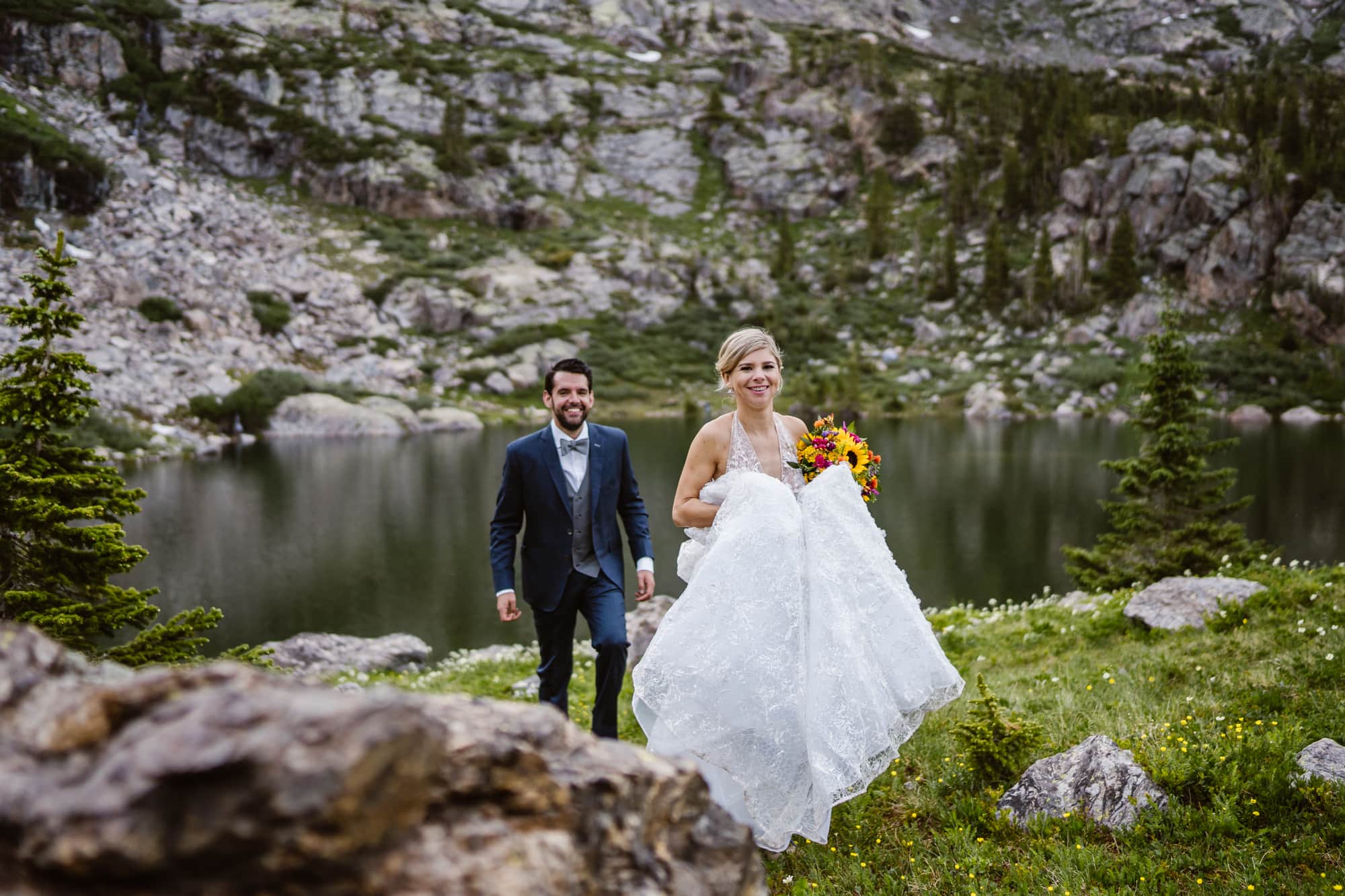 Bride and Groom Hiking Vail Colorado Elopement