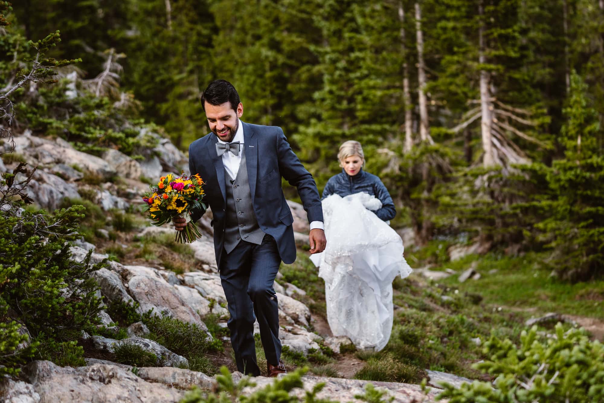 Bride and Groom Hiking Vail Colorado Elopement