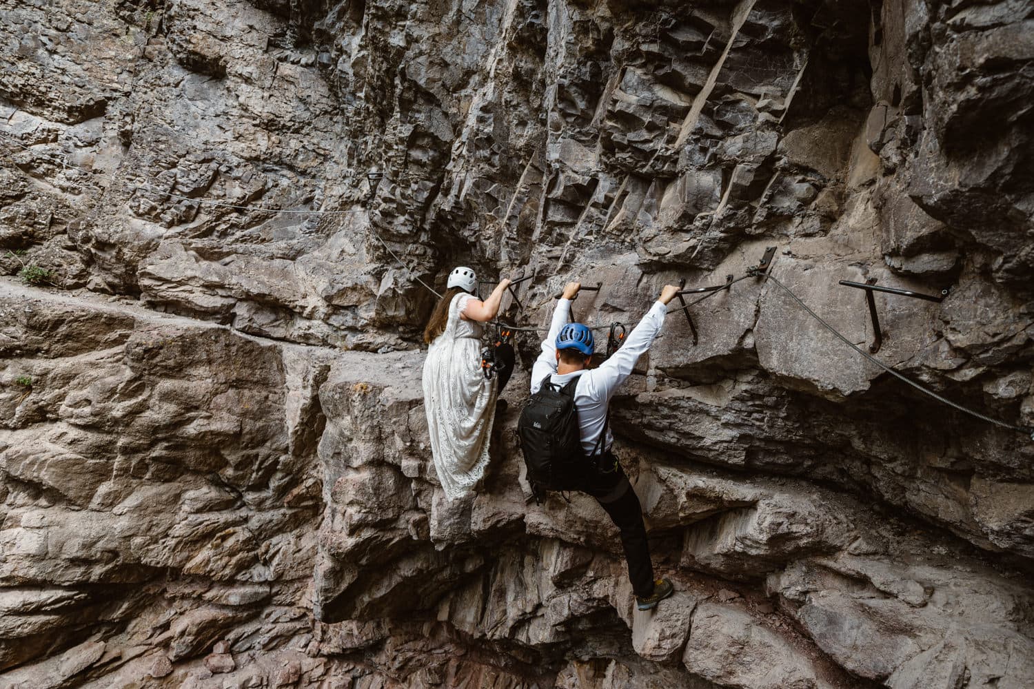 Bride and Groom Climbing Via Ferrata Elopement