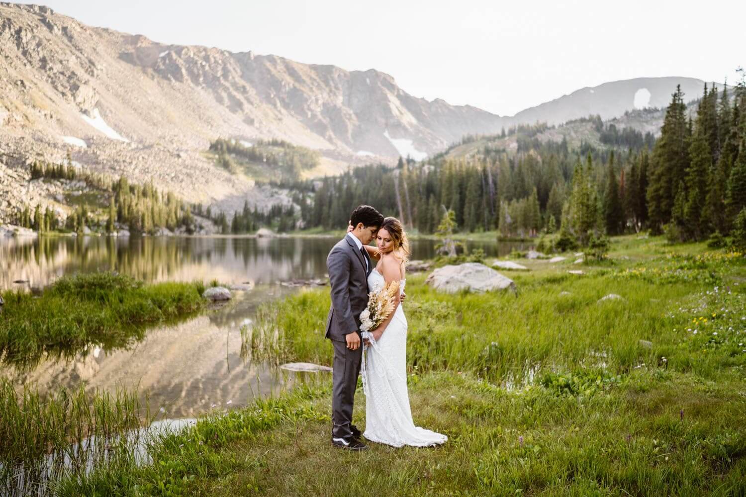 Bride and Groom at Lake Boulder Colorado Elopement