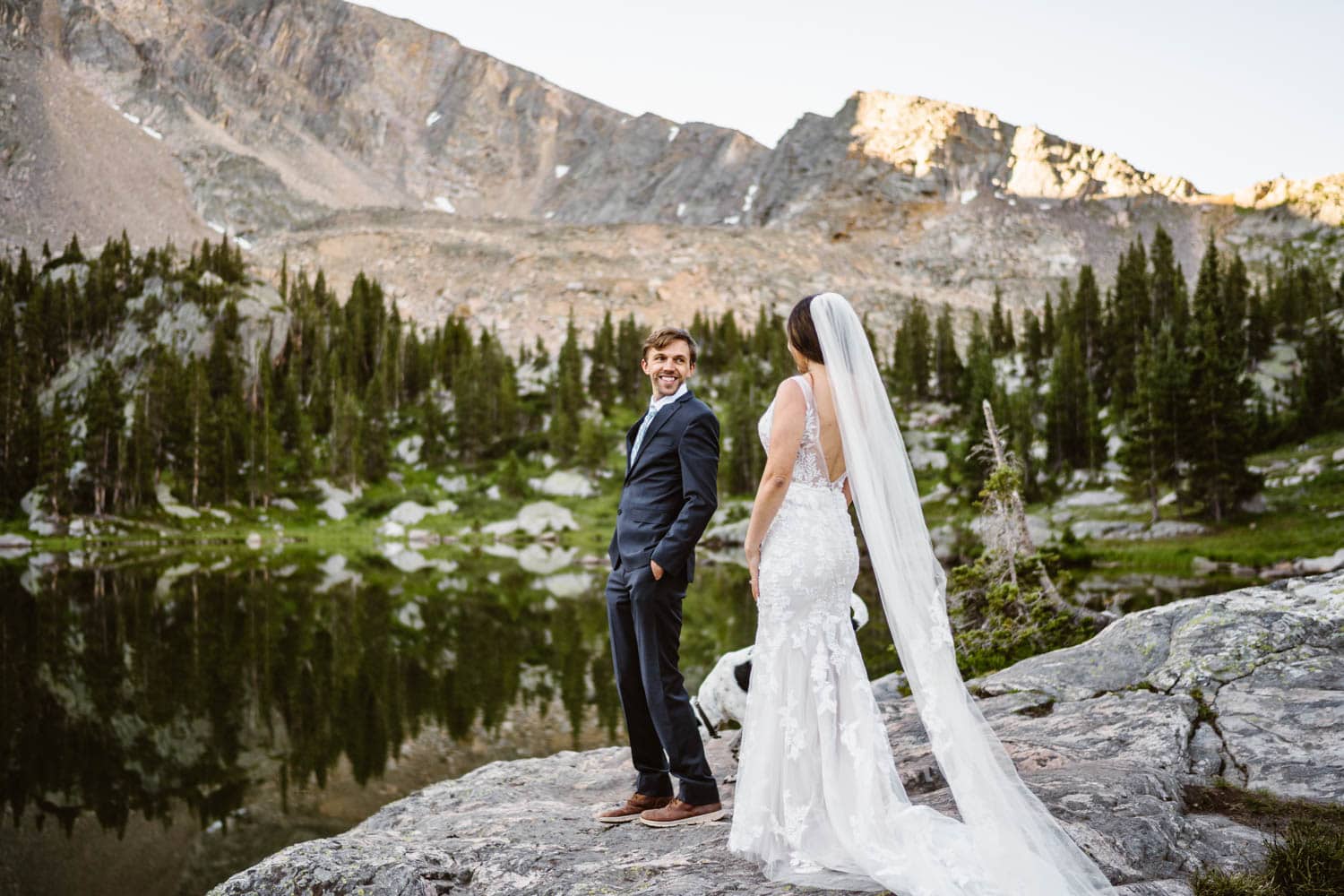Bride and Groom First Look Grand Lake Colorado Elopement