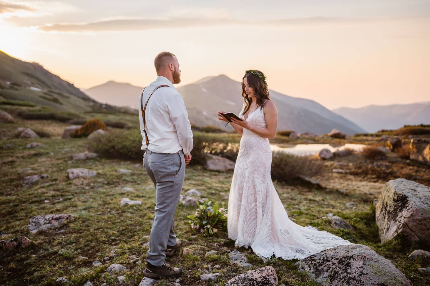 Bride and Groom Vow Ceremony at Sunrise Elopement in Colorado