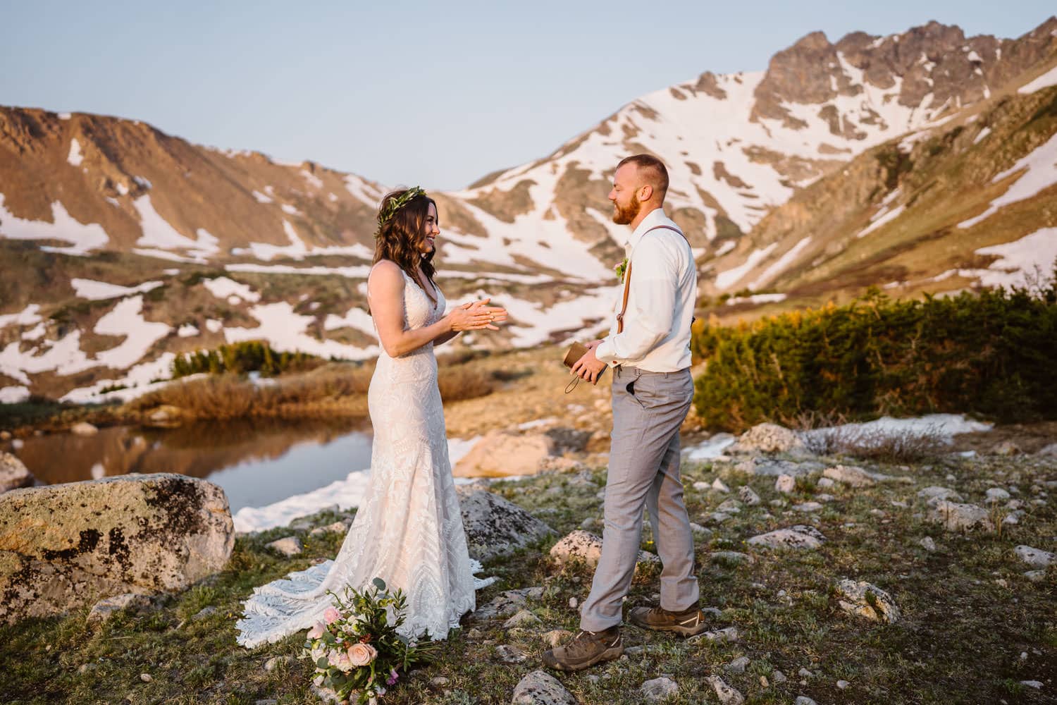 Bride and Groom Vow Ceremony at Sunrise Elopement in Colorado