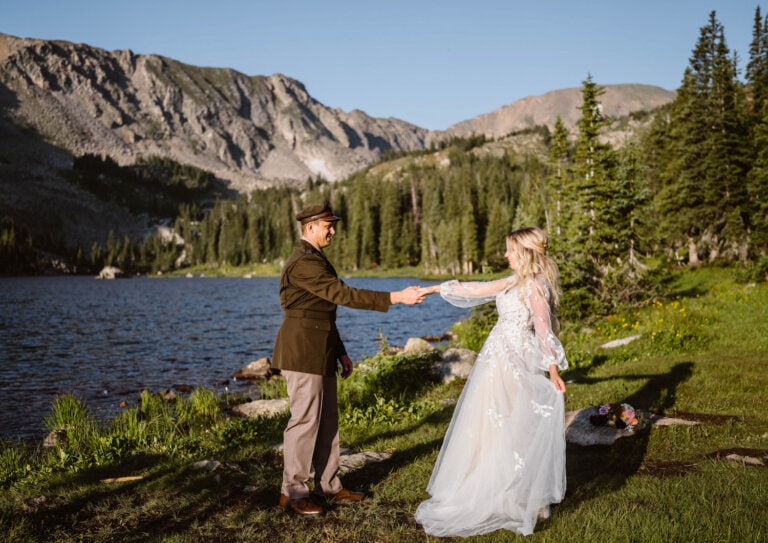 Couple dancing at their hiking elopement.