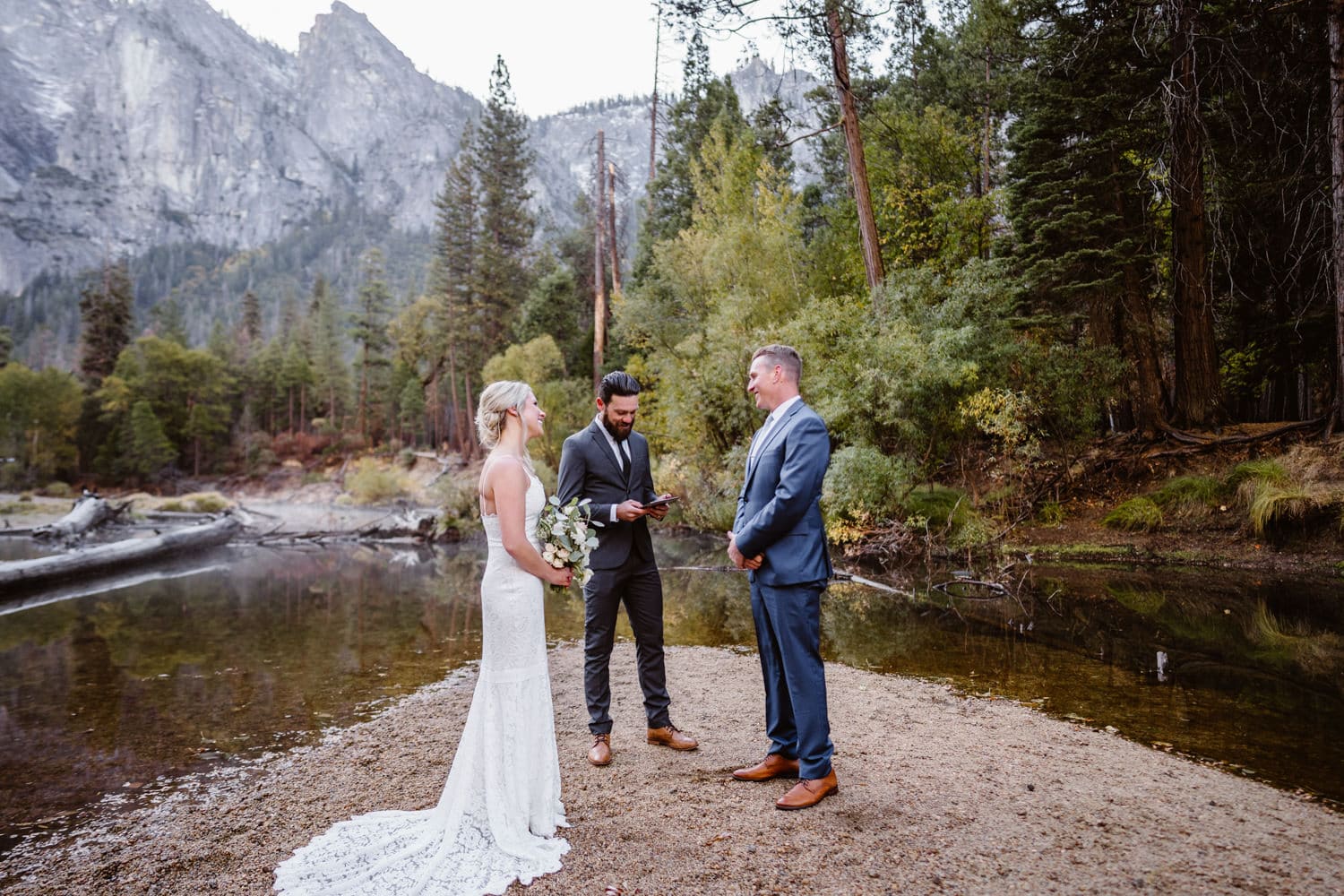 A friend officiating a couples elopement in Yosemite.