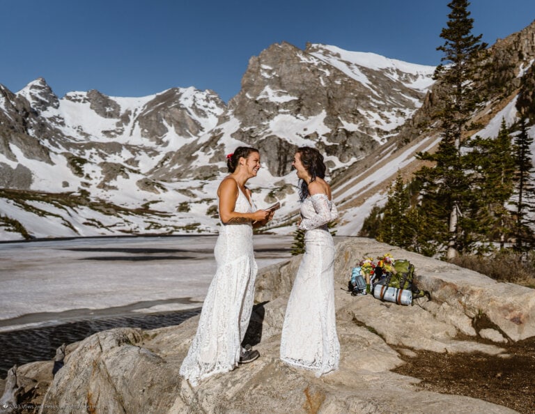 Bride and bride eloping at Lake Isabelle