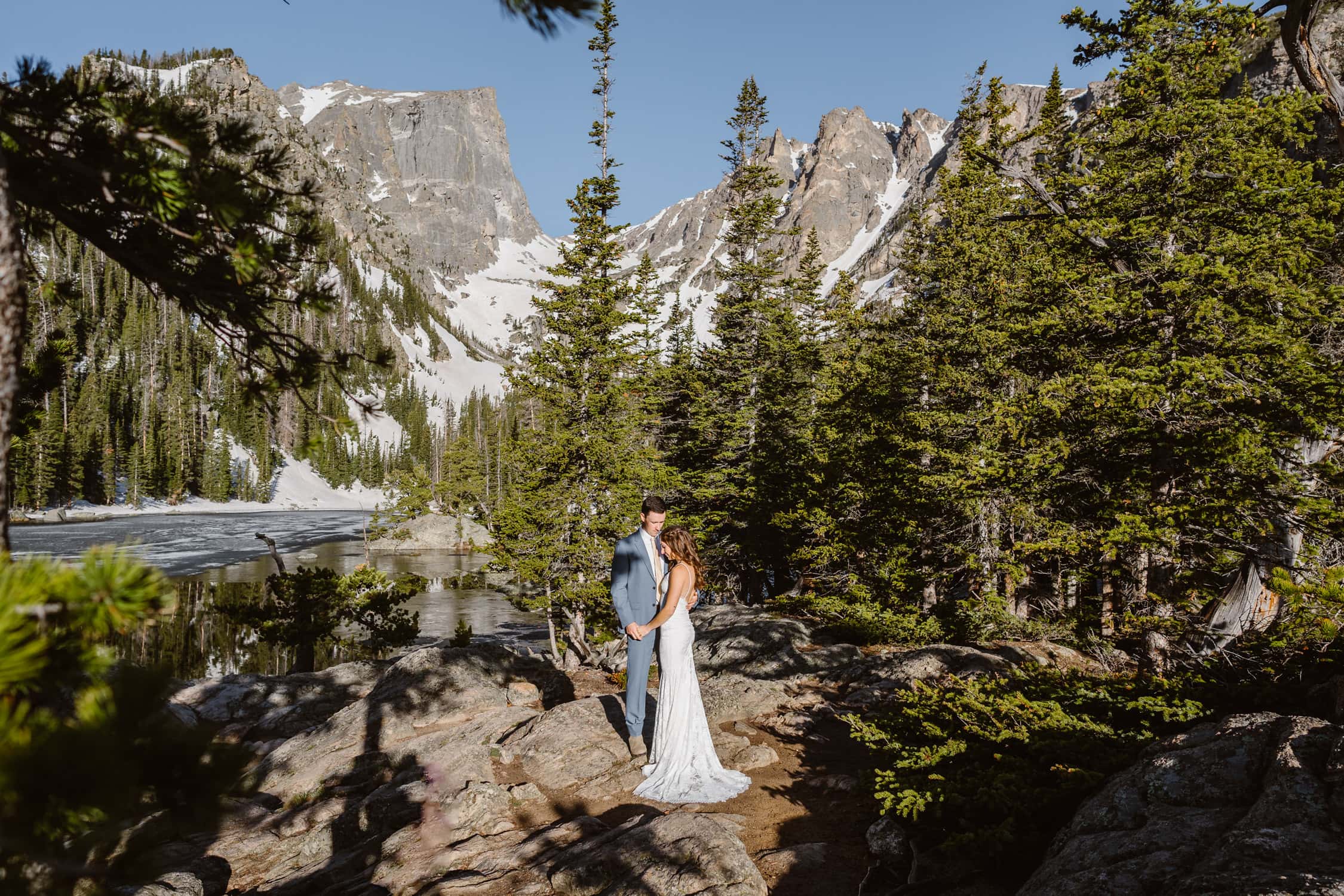 A couple standing beneath the trees in Rocky Mountain National Park on their wedding day.